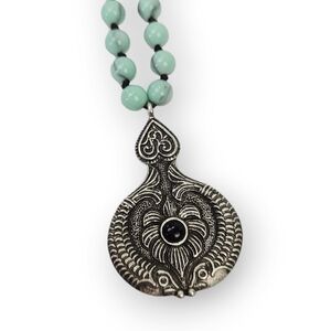 Kissing Koi Fish Necklace Faux Turquoise Antiqued Silver Tone Chain Bohemian 16"